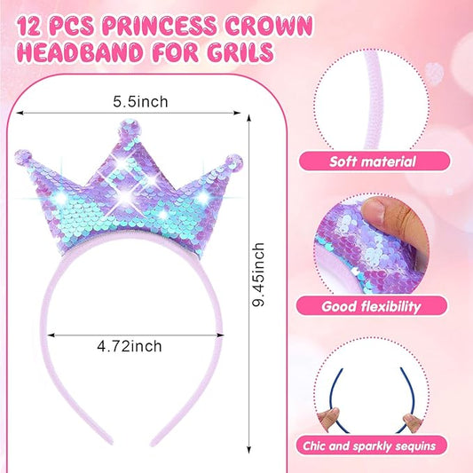 Juexica 12 Pack Princess Party Favors Princess Crowns Headband Decorations Glitter Sequin Headband for Birthday Proms Gifts(Mixed Colors,Sequin)