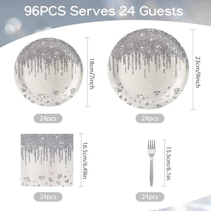 96pcs Disposable Glitter Diamonds Tableware Set Silver Paper Plates Round for 24 Guests Party Table Supplies Kids Birthday Party Picnic Wedding (Include Plates, Forks and Napkins)