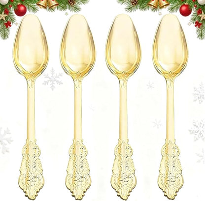 WDF 100 Piece Gold Plastic Spoons Disposable - 6.93 Inch Baroque Gold Spoons Plastic Silverware for Dessert Cake - Heavy Duty for Thanksgiving Party, Wedding or Daily Using