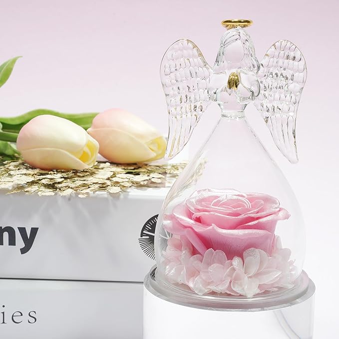 Miofula Preserved Flower Rose Birthday Gifts for Mom, Angels Figurines with Forever Real Rose Gifts for Women Mom Grandma, Angels Gifts for Valentines Anniversary (Pearlescent Pink)