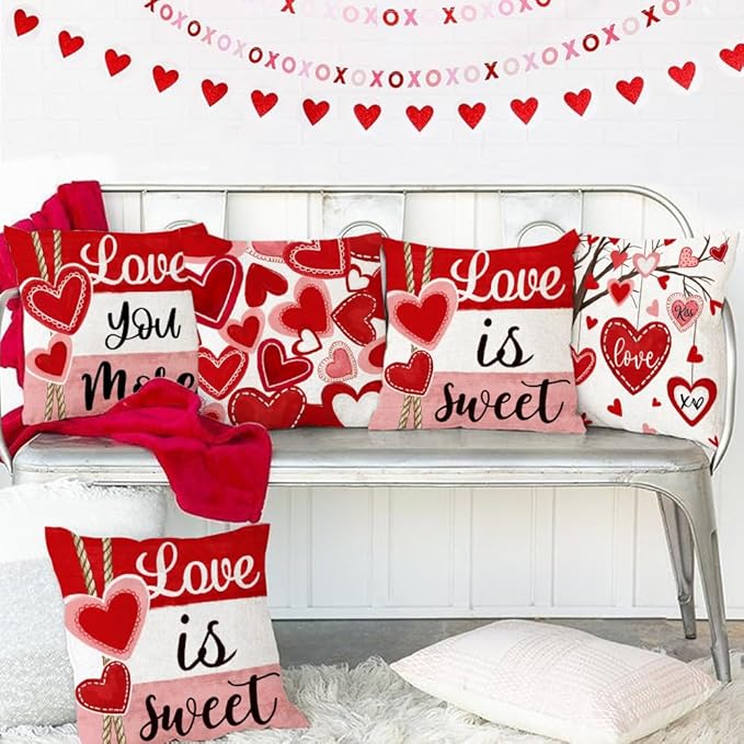 GEEORY Valentine's Day Throw Pillow Covers 16x16 Inch Set of 4, Valentines Red Hearts Love You More Decorative Farmhouse Holiday Cushion Case for Home Decoration G443-16