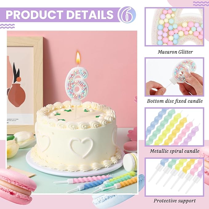 MTLEE Number 6 Birthday Candle with 12 Pcs Spiral Candles for Girls Macaron Pastel Rainbow Unicorn Pink Cake Topper for Sweet Theme Party Decoration