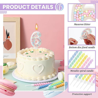 MTLEE Number 6 Birthday Candle with 12 Pcs Spiral Candles for Girls Macaron Pastel Rainbow Unicorn Pink Cake Topper for Sweet Theme Party Decoration