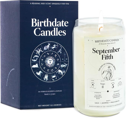 The Original Birthdate Candles, September 5 - Virgo Zodiac Scented Candles Birthday Gift - Sage, Jasmine & Palo Santo Scent - All-Natural Soy & Coconut Wax, 60-80 Hour Burn Time - Made in USA