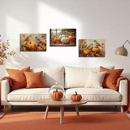 YMXDYMJSW Autumn Wall Art 3 Pieces Pumpkin with Sparrows Picture Prints Fall Harvest Birds Canvas Painting Thanksgiving Theme Artwork for Farmhouse Decor Frame (Gold,24.00" x 36.00" x 3PCS)