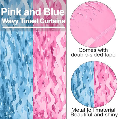 4 Pack Macaron Pink Blue Fringe Curtain Backdrop 3.2Ft x 8.2Ft Metallic Tinsel Foil Fringe Streamers Background for Photo Booth Mother's Day, Easter, Carnival, Birthday, Wedding Party Decoration