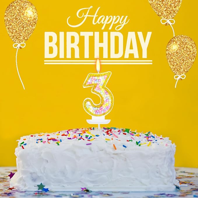 3rd Birthday Candle for Cake, Colorful Macaron Numeral Candles for Girls/Boys, Birthday Party Cake Decorations, Golden Cake Topper for Birthday Party Supplies (Number 3)
