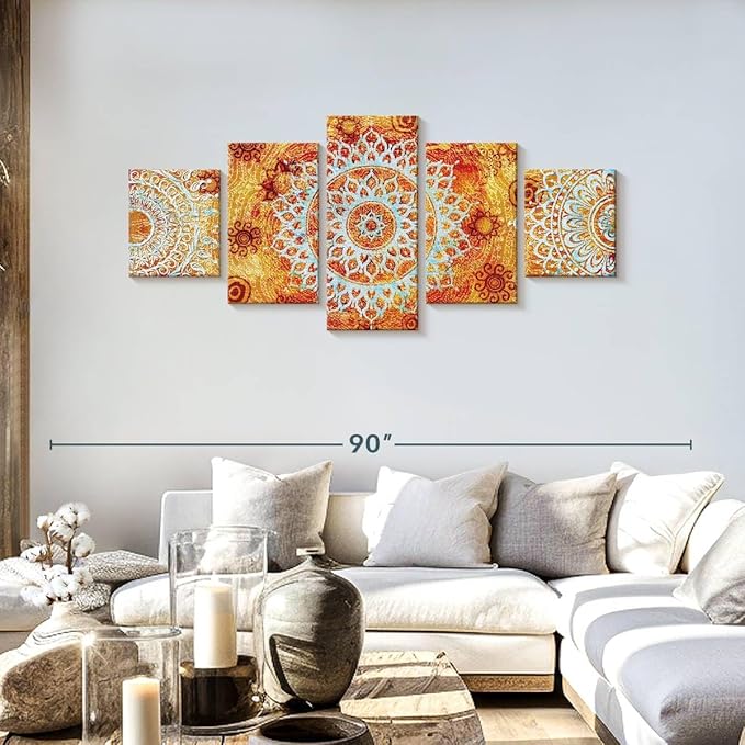 ElephantStock - Sun Like Mandala Symbols Wall Art - Horizontal Multi Panel Canvas - 5 Piece Living Room Wall Decor - Digital Art Elements Multi Piece Wall Art - Orange And Blue Decor - 68" x 30"