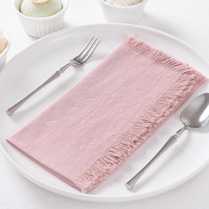 12 Pack Pink Cotton Linen Napkins with Fringe Christmas Cloth Napkins Set of 12 Boho Handmade Holiday Napkins Bulk for Wedding Baby Shower Xmas Parties Girl Sweet 16, 17 x 17 Inches