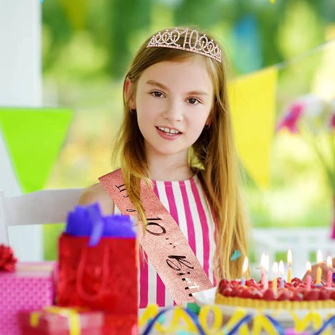 CIEHER 10th Birthday Crown, Sash + Pearl Pin Set - Decorations and Gifts for 10 Year Old Girl's Birthday Party Favors