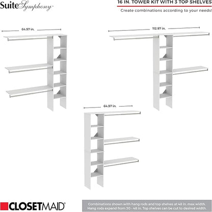 ClosetMaid SuiteSymphony Wood Closet Organizer Kit with Tower, 3 Hang Rods, Top Shelves, Adjustable, Fits Spaces 5-9 ft. Wide, Graphite Grey