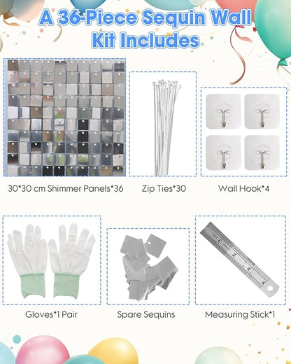 Silver Shimmer Wall Backdrop 36 Panels Cover 6 x 6 Ft, Photo Backdrops for Wedding,Anniversary,Birthday,Party Decoration