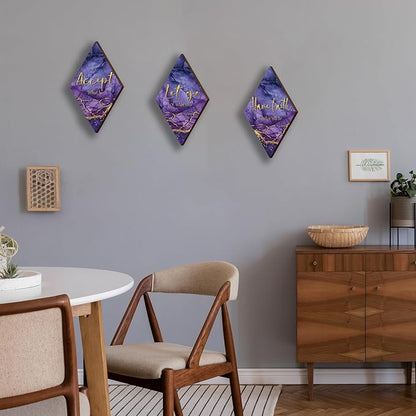 3Pcs Purple And Gold Bathroom Decor Purple Gold Wall Decor with Accept Let Go Have Faith Quote Rustic Farmhouse Wooden Hanging Signs for Women Home Living Room Bedroom(Purple Gold 12x7)