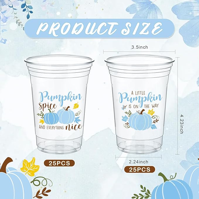Meanplan 50 Pcs 12oz Thanksgiving Baby Shower Party Plastic Cups A Little Pumpkin is On The Way Disposable Clear Cups for Fall Autumn Baby Shower Gender Reveal Supplies Decorations(Blue)