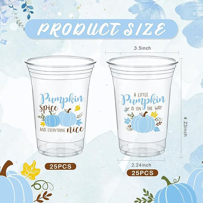 Meanplan 50 Pcs 12oz Thanksgiving Baby Shower Party Plastic Cups A Little Pumpkin is On The Way Disposable Clear Cups for Fall Autumn Baby Shower Gender Reveal Supplies Decorations(Blue)