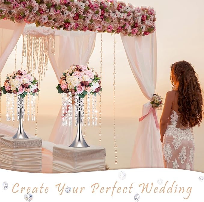 Unittype 20 Pcs Wedding Centerpieces for Tables 13 Inch Tall, Crystal Flower Stand Floral Vases for Tabletop Flower Arrangement Stand Valentines Gift Baptism Christmas Party Decor (Silver)