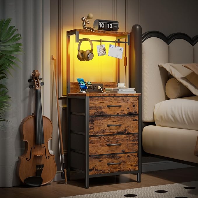 Furnulem Night Stand with Charger Station, 38'' Tall Nightstand with 4 Fabric Drawers and LED Lights, Bedside Table with Storage Shelf for Bedroom, Office, Metal Frame, Wood Shelves, Rustic Brown | 4 Fabric Drawers, LED Lights, Storage Shelf, for Bedro...