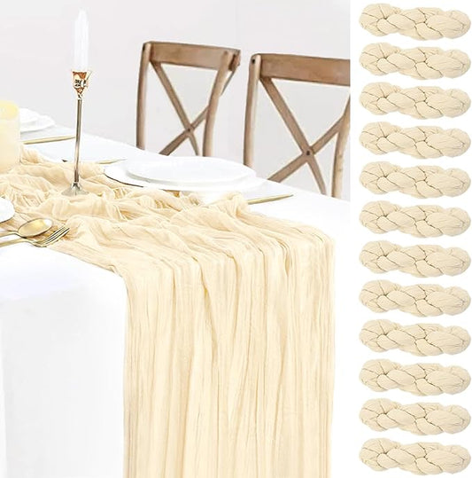 12 Packs Beige Cheesecloth Table Runner, Boho Gauze Cream Cheese Cloth Table Runner 10FT for Wedding Bridal Shower Baby Shower Birthday Christmas Home Decoration
