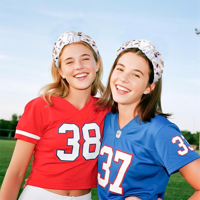PANTIDE Football Jeweled Knotted Headband - Blue Football Rhinestone Crystal Embellished Headband Wide Top Knot Fashion Hairband Mom Accessories Sport Game Day Birthday Gift for Fan Women Girl (White)