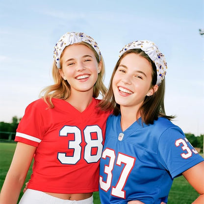 PANTIDE Football Jeweled Knotted Headband - Blue Football Rhinestone Crystal Embellished Headband Wide Top Knot Fashion Hairband Mom Accessories Sport Game Day Birthday Gift for Fan Women Girl (White)