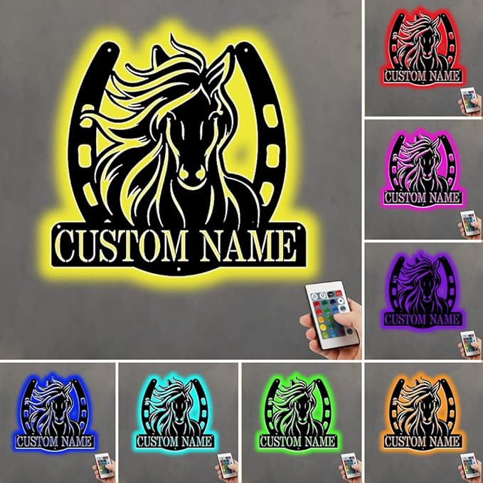 Personalized Name Horse Lamp Custom Wooden/Metal Horse Night Light Horse Wall Art LED Horse Light Farmhouse House Sign Horse Themed Gifts for Girl Birthday Christmas(Name Horse Sign)