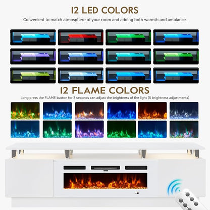 70" TV Stand for Living Room, Entertainment Center & Media Console with Storage, Fits TVs up to 80", Modern TV Cabinet with Shelves, 36" Electric Fireplace (All White)