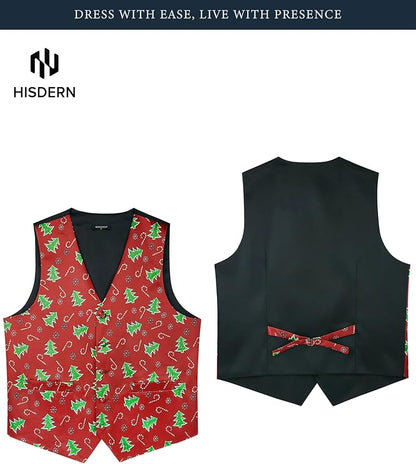 HISDERN Men's Suit Vest Christmas Holiday Season Party Jacquard Waistcoats Necktie Pocket Square Vest Suit Set