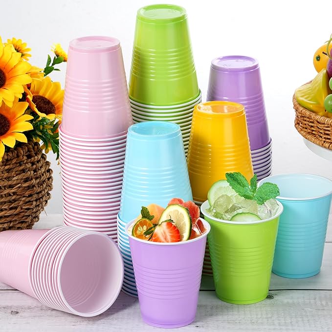 100 Pcs Pastel Plastic Cups 12 oz, Bulk Colorful Light Blue Pink Purple Green and Yellow Disposable Party Graduation Cups for Graduation Picnic Wedding Bridal Birthday Party Supplies Decorations