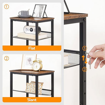 HOOBRO Side Table, 3-Tier Tall End Telephone Table with Adjustable Mesh Shelves, Small Entry Table for Living Room Bedroom Hallway or Office, Rustic Brown and Black BF01DH01G1