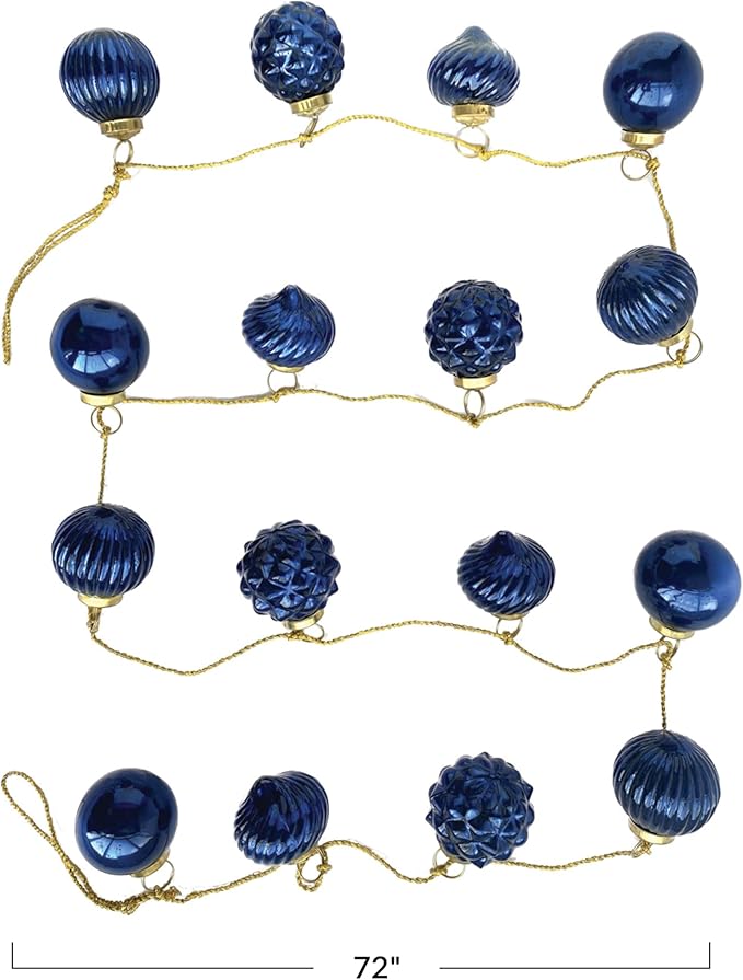Creative Co-Op Embossed Mercury Glass Ornament Garland with Gold Cord, Dark Blue