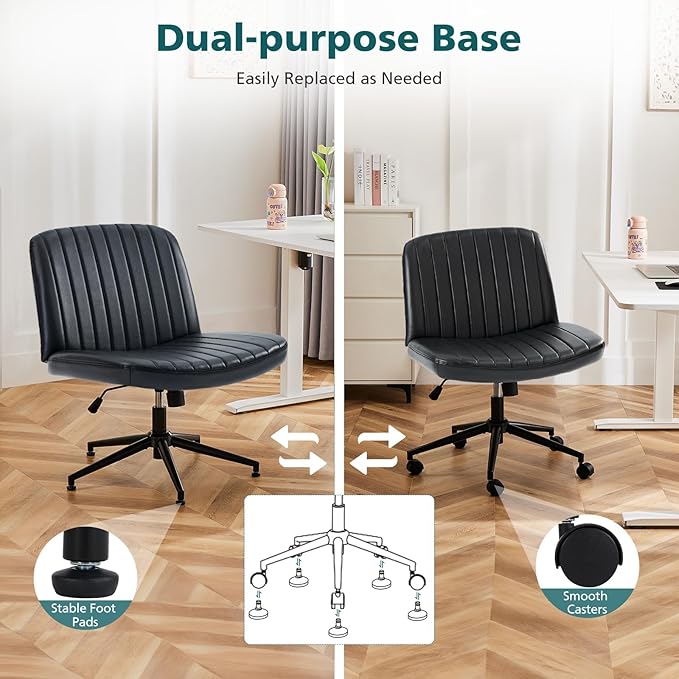OLIXIS Criss Cross Chair with Wheels Wide Cross Legged Office Desk Vanity Chair Comfy Fabric Armless Adjustable Swivel for Home Computer Task PU Black