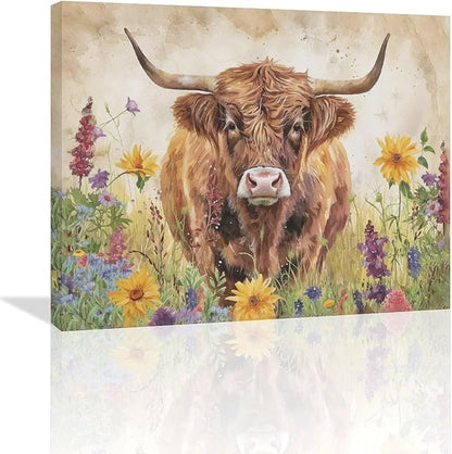 Highland Cow Wall Art Cow Pictures Wall Decor Flora Canvas Prints Painting Framed Artwork Office Home Decor For Bathroom Bedroom Dining Living Room 24L" x 20W"