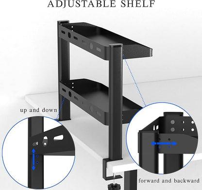 Clamp on Desk Shelf, 2-Tier Office Desk Shelves Organizer, 17in Small Shelf for Top of Desk with Headphone Holder and Hooks, Desktop Storage Rack for Home Workspace, Study Rooms, Gaming Accessories