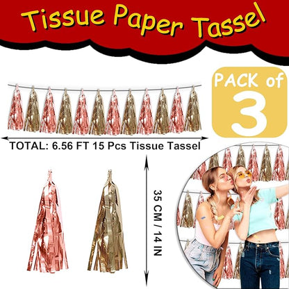 3P Rose Champagne Gold Tassel Banner Garland Metallic Foil Fringe Banner Tinsel Tassels Streamer Banner Backdrop for Parade Floats, Graduation Decorations, Wedding Party Decoration
