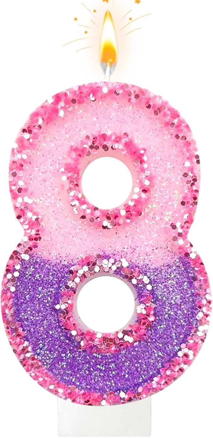 Birthday Number Candles for Cake, Pink Purple Glitter Number Candles for Cake Toppers, Ideal Birthday Parties Cake Decor, Wedding Anniversary and Other Celebrations (8 Candle)