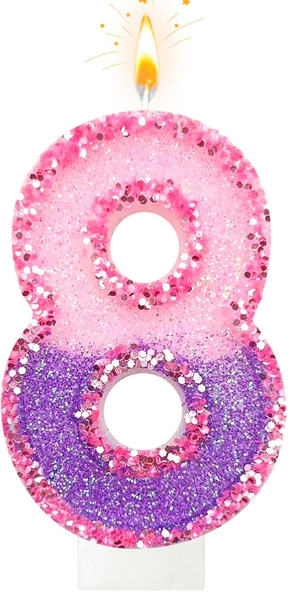 Birthday Number Candles for Cake, Pink Purple Glitter Number Candles for Cake Toppers, Ideal Birthday Parties Cake Decor, Wedding Anniversary and Other Celebrations (8 Candle)