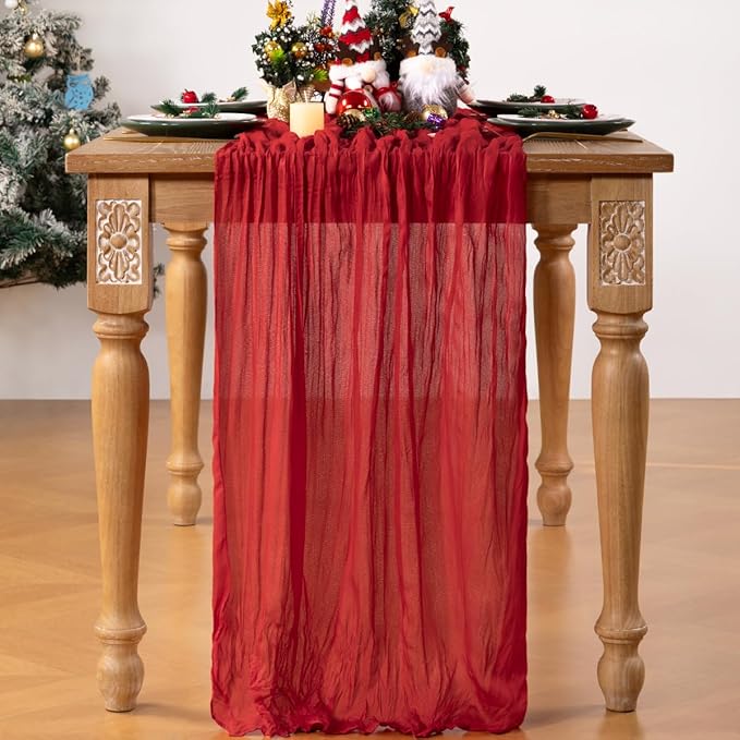 Red Cheesecloth Table Runner 6 Pack Christmas Table Runners Boho Gauze 120 Inches Red Cheese Cloth Table Decor for Xmas Holiday Season Parties Weddings Bridal Baby Shower Candlelight Dinner