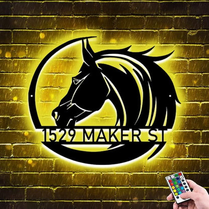 Personalized Name Horse Lamp Custom Wooden/Metal Horse Night Light Horse Wall Art LED Horse Light Farmhouse House Sign Horse Themed Gifts for Girl Birthday Christmas(Horse Address Light)