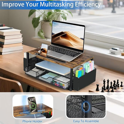 AUPSEN Wood Desk Organizers and Accessories, 2-Tier Computer Monitor Stand Riser with Drawer, Pen Storage & Phone Holder, Office Desk Accessories, Workspace Desktop Organization for Office Supplies（Brown）