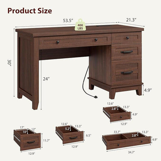 GarveeHome Executive Desk with Drawers, Farmhouse Home Office Desk with Charging Station, 53.54 in Wooden Computer Desk with File Cabinet Storage for Work Study Writing,Walunt Brown