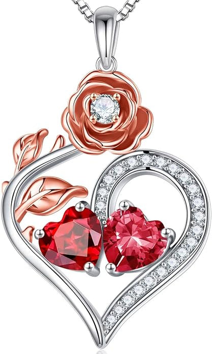 Iefil Rose Heart Birthstone Necklaces for Women - 925 Sterling Silver Double Birthstone Necklace, Anniversary Birthday Gifts for Women, Jewelry Gifts for Wife Her