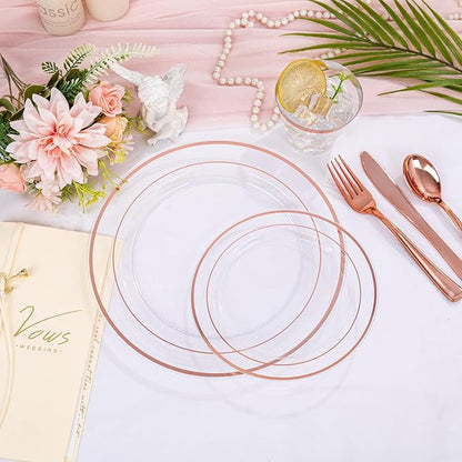 bUCLA 300PCS Clear Rose Gold Plastic Dinnerware - Rose Gold Disposable Dinnerware Set Include 50 Dinner Plates,50 Dessert Plates,50 Knives,50 Forks,50 Spoons,50 Cups for Party, Wedding & Mother’s Day
