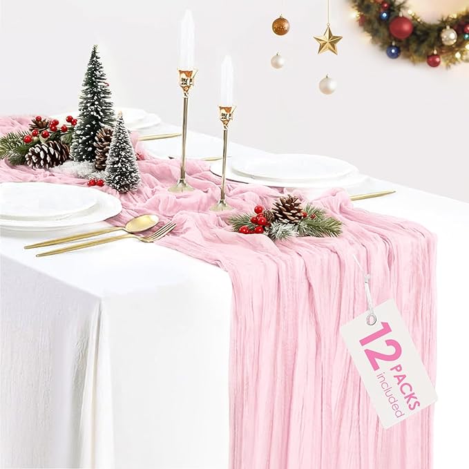 12 Pack Light Pink Table Runner Cheesecloth Rustic Sheer Gauze Table Runner 35x120 Inch for Wedding Baby Shower Bridal Shower Party Fall Thanksgiving Home Decorations