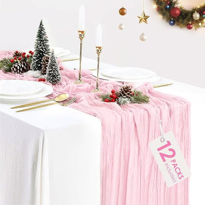 12 Pack Light Pink Table Runner Cheesecloth Rustic Sheer Gauze Table Runner 35x120 Inch for Wedding Baby Shower Bridal Shower Party Fall Thanksgiving Home Decorations