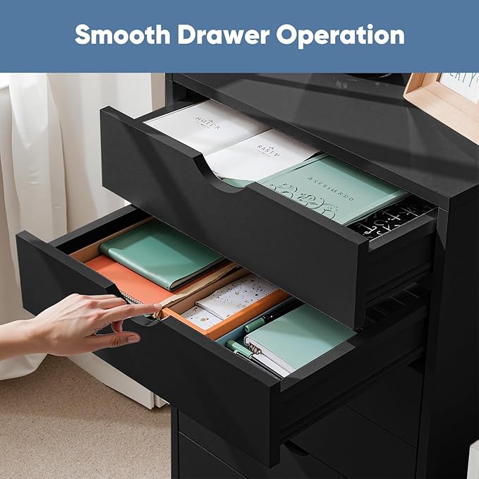 OLIXIS 7 Drawer Mobile File Cabinet Under Desk Storage Organization with Wheels Vertical Filing Chest Rolling Wood Small Desk Printer Stand for Home Office, 15.75"D x 18.74"W x 34.25"H, Black
