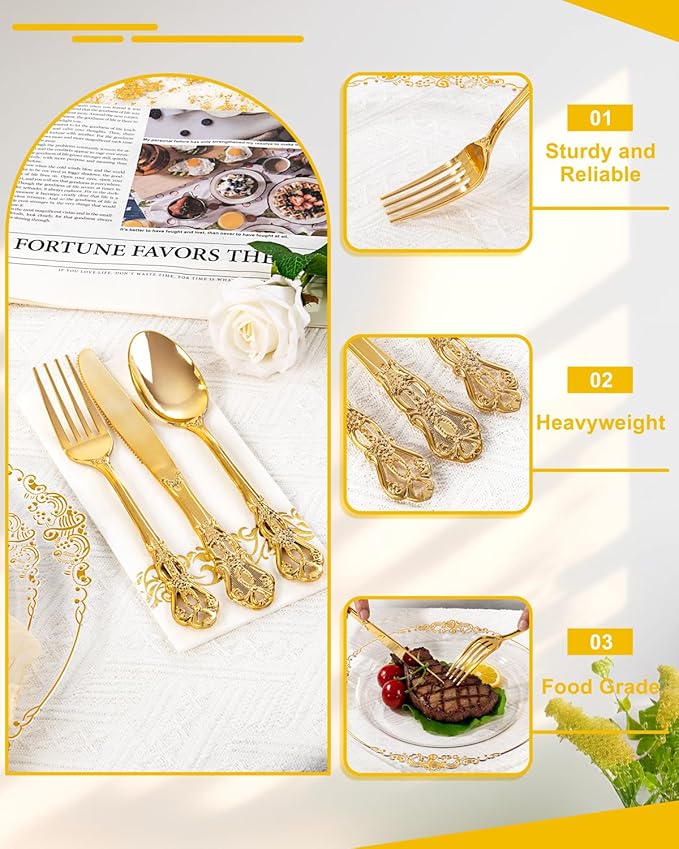 YOUBET 700PCS Clear Gold Plastic Plates - Elegant Gold Plastic Dinnerware Set Include 200 Disposable Plates, 300 Heavy Duty Silverware, 100 Cups, 100 Napkins for Wedding Party & Thanksgiving