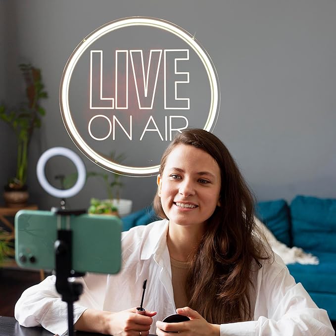 Neon Live On Air Light Sign, USB Powered On Air Led Light Up Sign, Dimmable Wall Décor Round On Air Streaming Neon Sign for Streamer, Gamer, Game Room, Studio Decor (Warm White)