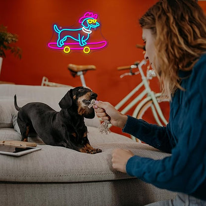 Lucunstar Dachshund Neon Sign Skateboard Dog Neon Light up Sign USB Adjustable Neon Lights Art Wall Decor LED Sign for Bedroom Shop Pet Lovers Gift