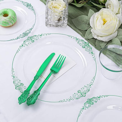 Hioasis 175pcs Clear Green Plastic Plates - Elegant Disposable Dinnerware Set Suitable for 25 Guests Include 10.25" Dinner & 7.5" Dessert Plates, Pre Rolled Silverware Set, Cups for Party & Christmas