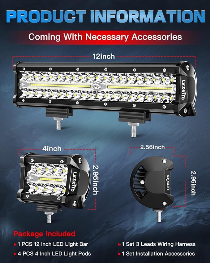12 Inch LED Light Bar and 2PCS 4 Inch Pod Lights Off Road Lights with Switch 3 Lead Wiring Harness Triple Row Spot Flood Combo LED Light Bar for Truck Car UTV Boat